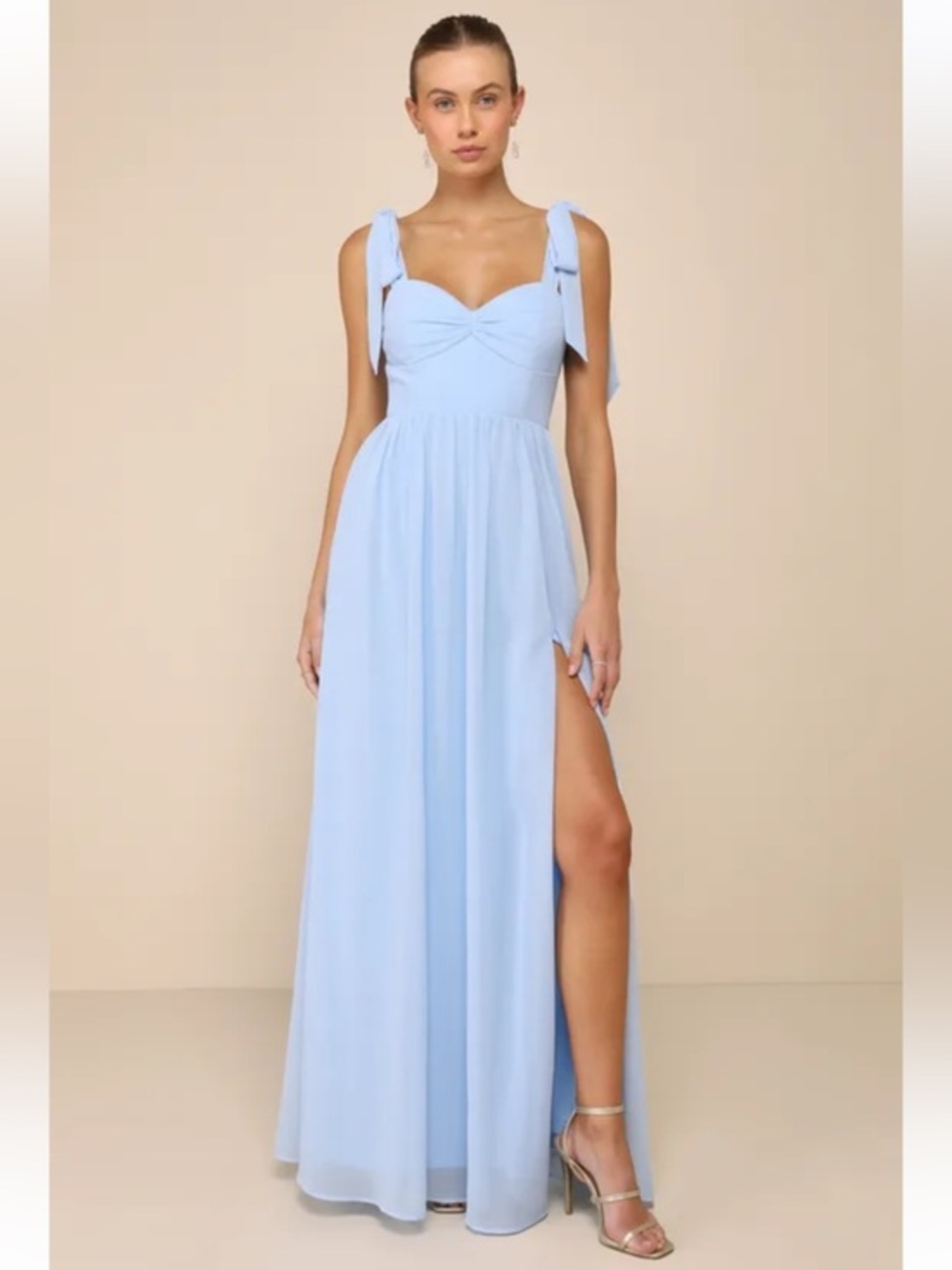 NWT Lulus Radiant Charisma Light Blue Chiffon Ruched Tie-Strap Maxi Dress